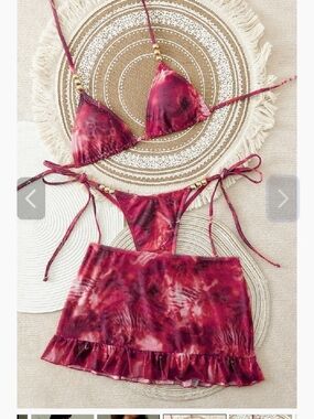 Tie-Dye Maroon Bikini Set with Mini Skirt